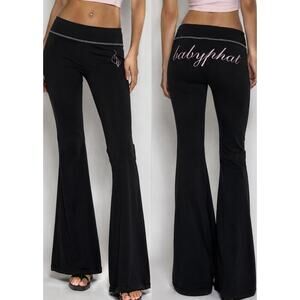 Baby Phat Vintage Y2K Black Flare Pants Womens Large Pink Logo Low Rise Lounge